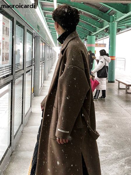 

men blends mauroicardi autumn winter long khaki black soft warm trench coat men with side slit sashes loose casual korean fashion 221123