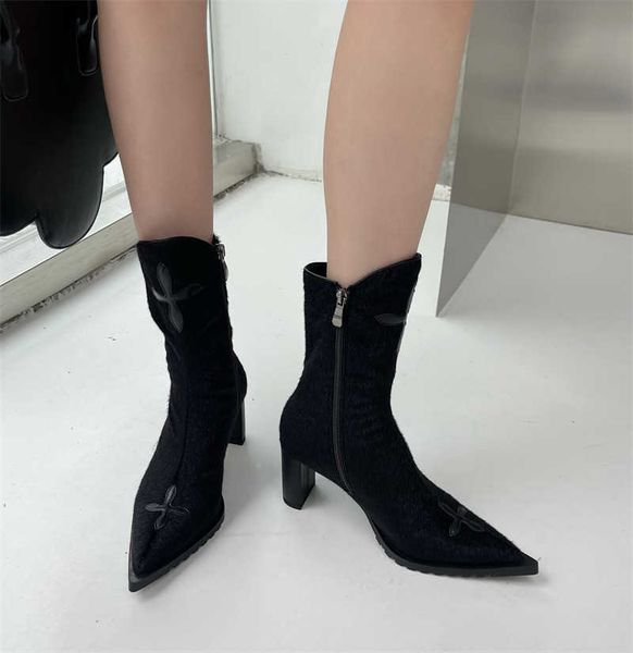 

fashion boots dark knight women's sharp short medium 2022 new black and white plaid coarse heel side zipper high 220923