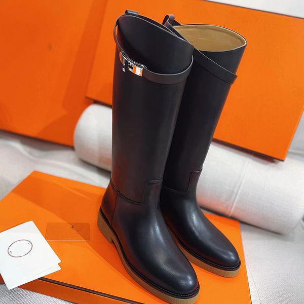 

2022 designer women luxury round toes boots fashion genuine leather mid-leg flat metal lock gray black brown white boots ladys autumn winter