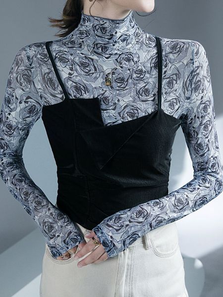 

women's tshirt girls turtleneck full sleeve connected t shirts women's patchwork onepiece mesh bottoming tshirt fashion tee 221124, White