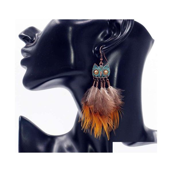 

dangle chandelier bronze feather owl earrings ladies elegant temperament wild fashion drop delivery jewelry dhtgb, Silver