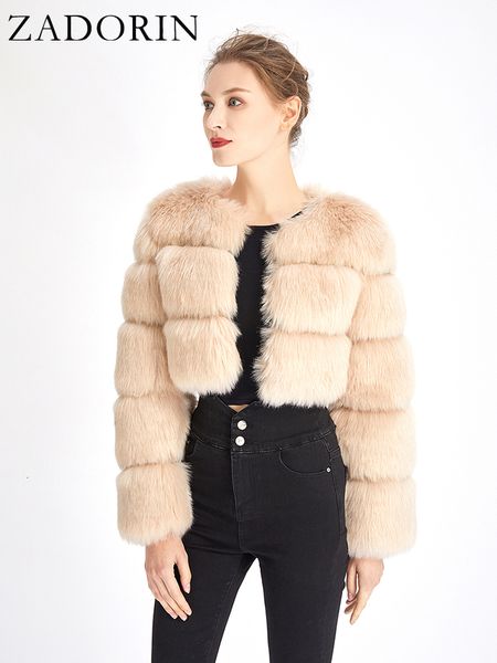 

women's fur faux zadorin fashion women crop coat winter thick fluffy long sleeve short style slim ry jacket coats 221123, Black