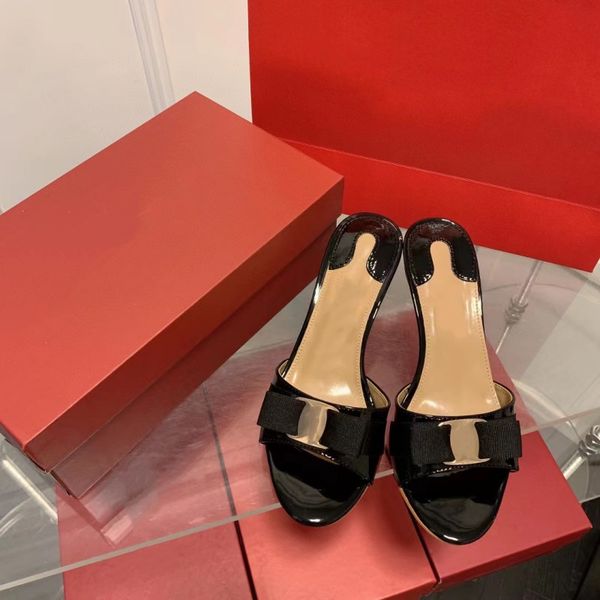 

fashion slippers slides classic luxury bowtie sandals new designer women 7cm high heels brand patent leather fashion shoes metal letter soft, Black