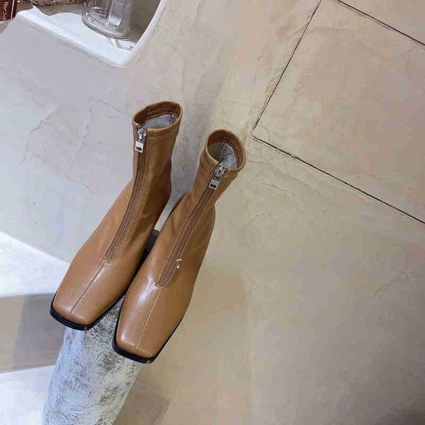 

brand p home net red square head zipper short thick heel thin knight boots, Black