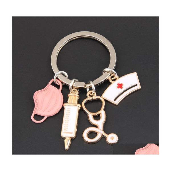 

keychains lanyards doctor keychain medical tool key ring injection syringe stethoscope nurse cap keychains medico gift diy jewelry dhgvf, Silver