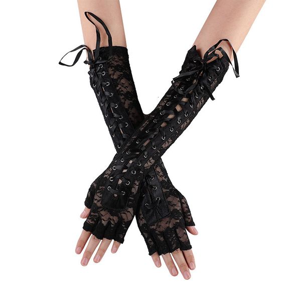 

five fingers gloves women gothic punk lace strap buckle wedding prom half ceremonial leaky arm warmer 221123, Blue;gray
