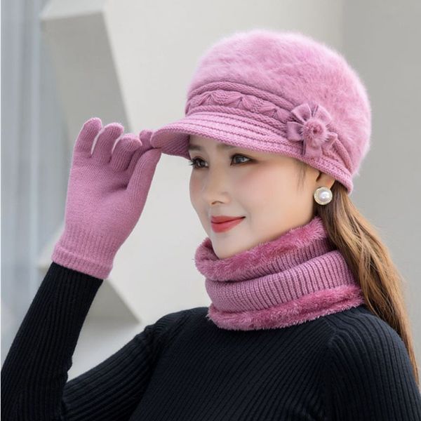 

scarves winter hat female knitted rabbit fur hat bib glove suit flower beret middleaged elderly plus velvet warm cap a gift for mother 22112, Blue;gray