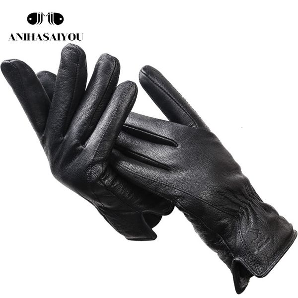 

five fingers gloves deer skin gloves male winter simple mens leather soft black genuine leather touch 8025 221119, Blue;gray