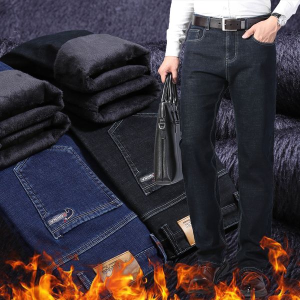 

mens jeans winter thermal warm flannel stretch quality famous brand fleece pants men straight flocking trousers jean male 221123, Blue