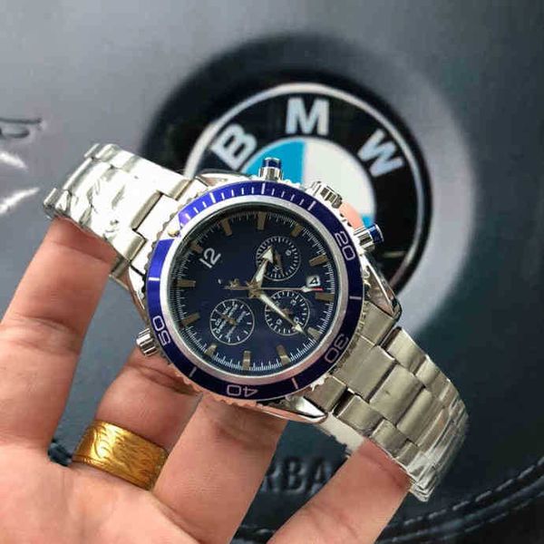 

om g chronograph multi-function watch onega thr as wrist luxury dsinr dostic y six ndl fashion runnin scond stl band, Slivery;brown