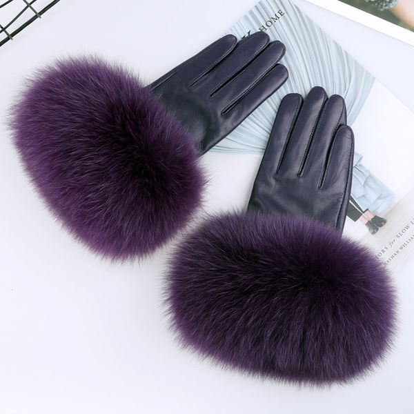 

five fingers gloves sheepskin natural fur trimming women' genuine leather wrist warmer glove winter warm fashion mittens fleece lining, Blue;gray