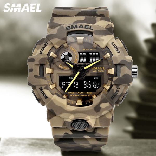 

wristwatches smael military sport quartz watch for men camouflage waterproof digital watches auto date led dual time dislay wristwatch 8001, Slivery;brown