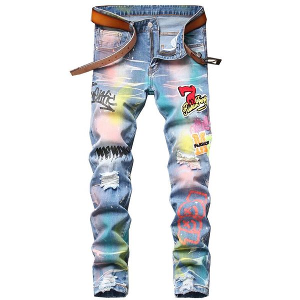 

brown jeans splattered ink colorful printing ripped patch men's jeans small straight slim micro-elastic trendy pants for male pantalons, Blue