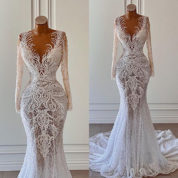 

2023 mermaid wedding dress lace appliqued beaded sheer v neck bridal gowns arabic custom made vestidos de novia, White