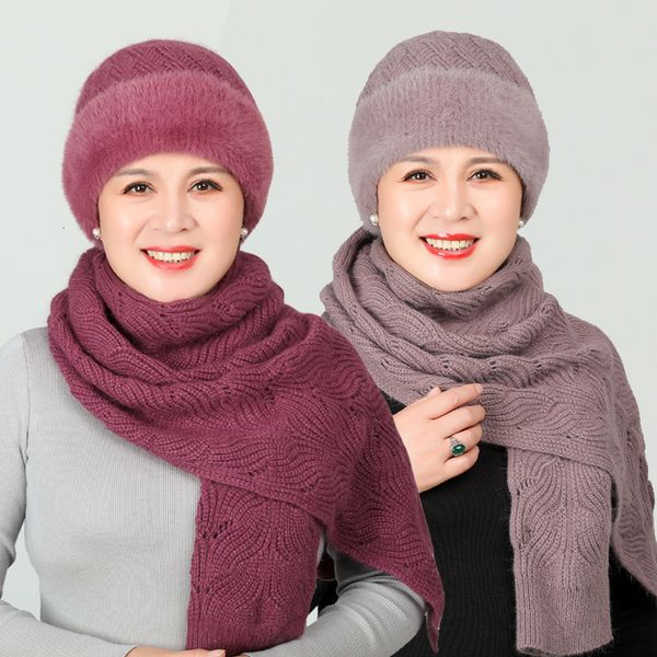 

scarves old lady hat women's autumn winter scarf set thermal cotton windproof knitted woolen cap for middleaged mother grandma grandm 2, Blue;gray