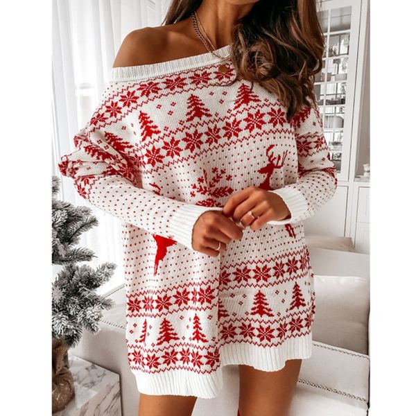 

casual dresses women christmas jumpers elk print long sleeve one shoulder knitted sweater vestidos xmas knitwear mini 221123, Black;gray