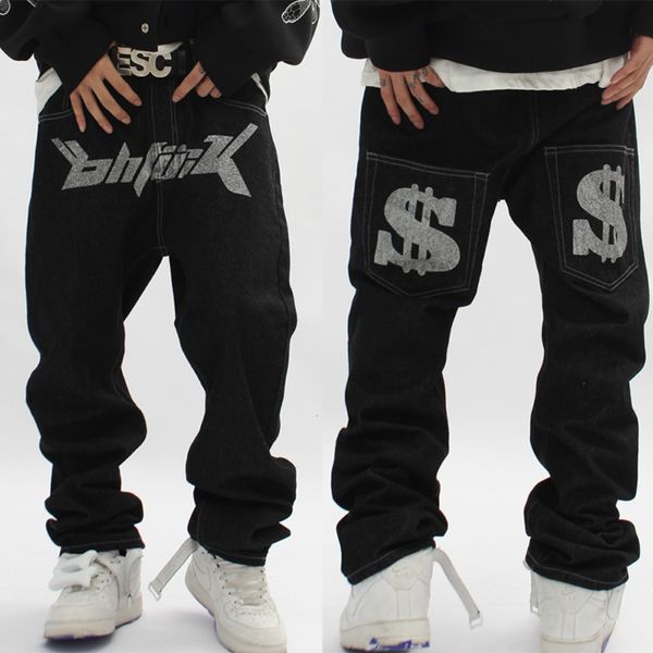 

mens jeans hip hop streetwear denim gothic graphic dollar print baggy punk rock pants harajuku casual loose trousers black 221123, Blue