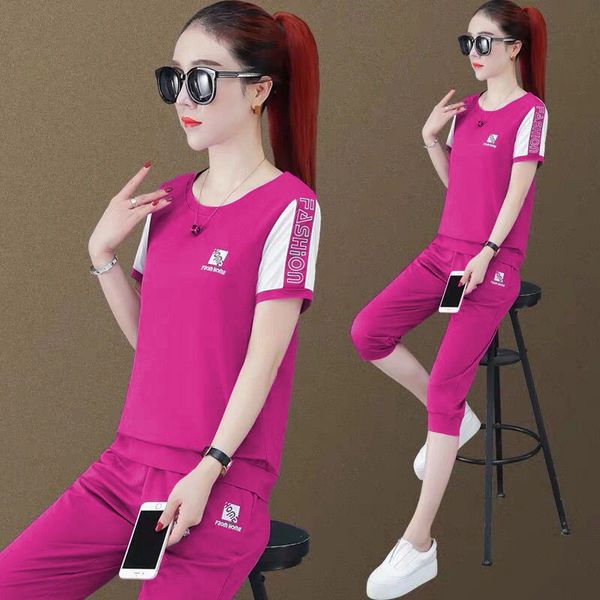 

women's two piece pants sports fashion cropped trousers set short sleeved round neck slim summer suit women rose red purple blue clothe, White
