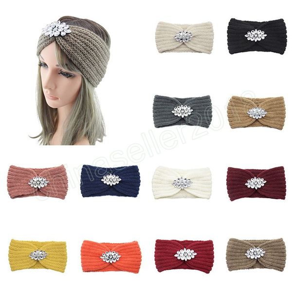 

rhinestone knitted knot cross headband for women headwraps autumn winter warm girls turban elastic hair bands hair accessories, Silver
