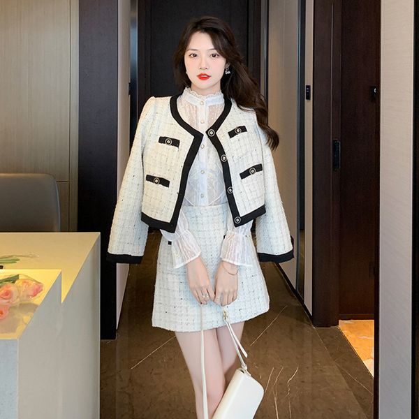 

#1676 new two piece dress fashion sense of design round neck buttons sweater loose sleeve vintage cardigan with short mini knit skirt, White