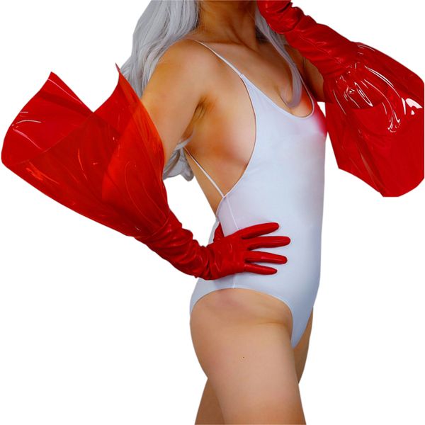 

five fingers gloves women pu gloves transparent pvc plastic lace wave folds 70cm faux leather stitching red angel wings long gloves female w, Blue;gray