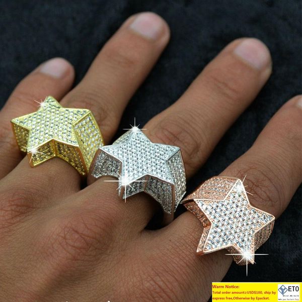 

mens 3d star 14k gold plated copper rings bling iced out cz stone star shape ring gold silver rosegold jewelry, Golden;silver