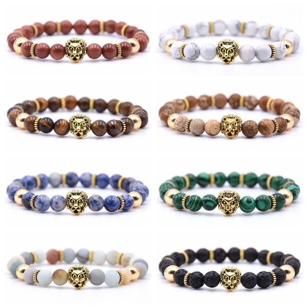 

gold lion head gemstone bead stretch bracelet charms 8mm stone protection healing quartz crystal stretch beaded jewelry, Black