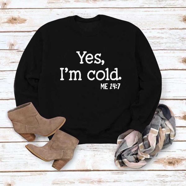 

yes i'm cold me letter round neck pullover long sleeve sweater women t-shirt round neck tee pullover long sleeve sweater, Black