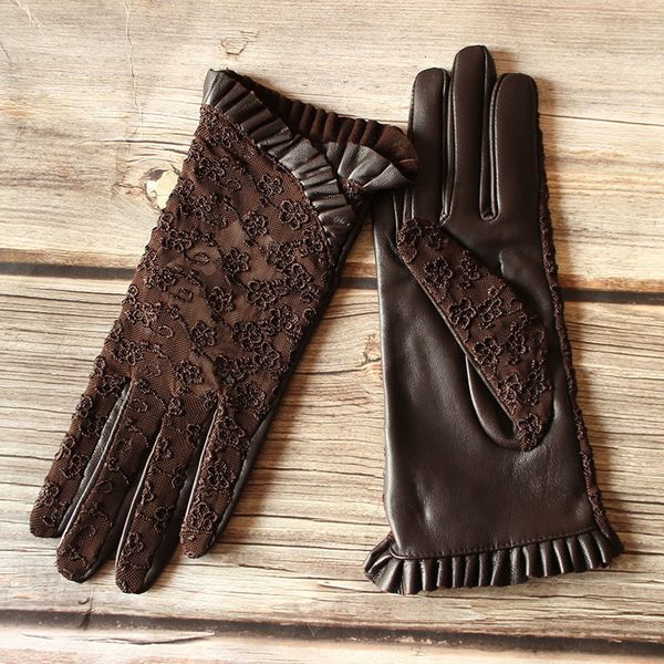 

five fingers gloves summer driving sheepskin gloves female touch screen leather gloves single layer unlined thin fashion stretch lace style, Blue;gray