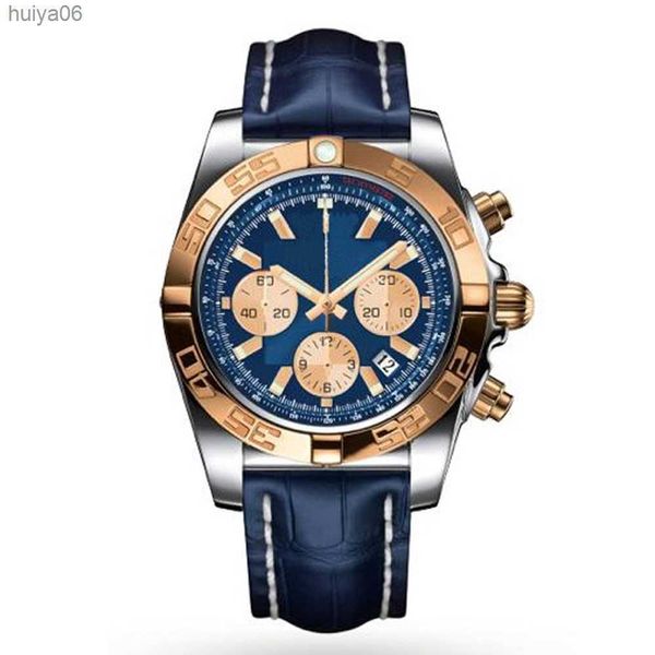 

46mm male wristwatch quartz chronograph men watch gold black blue leather stainless steel strap sapphire crystal waterproof huiya06, Slivery;brown