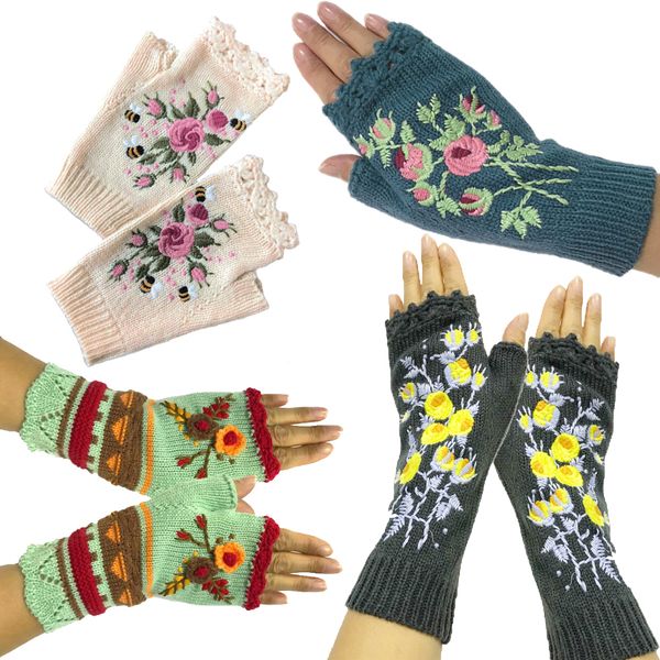 

five fingers gloves quality handmade knitted women' winter autumn flowers fingerless black mittens warm woolen embroidery 221123, Blue;gray
