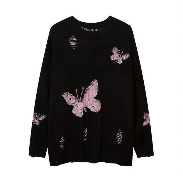

harajuku streetwear hole butterflies knit sweater pullover gothic oversize loose knit top, White;black
