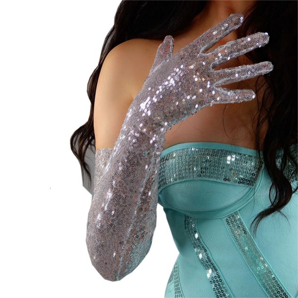 

five fingers gloves sequin long gloves female 70cm blingbling embroidery lace mesh women gloves long evening touchscreen bright silver white, Blue;gray