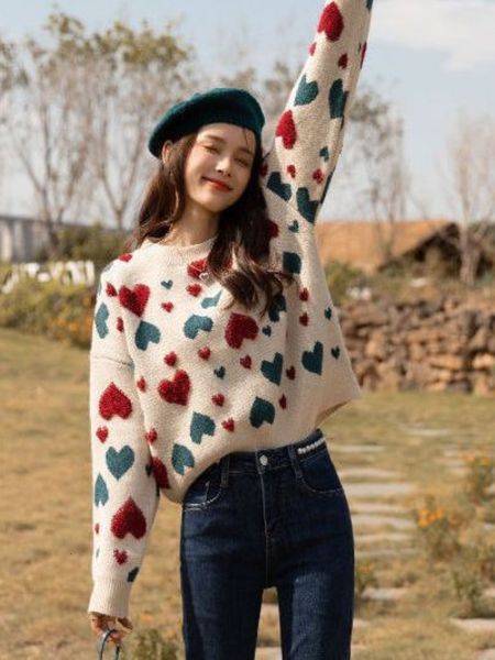 

women's sweaters autumn winter japanese casual loose sweet cute jumpers preppy style heart jacquard all match knitted pullovers 221123, White;black