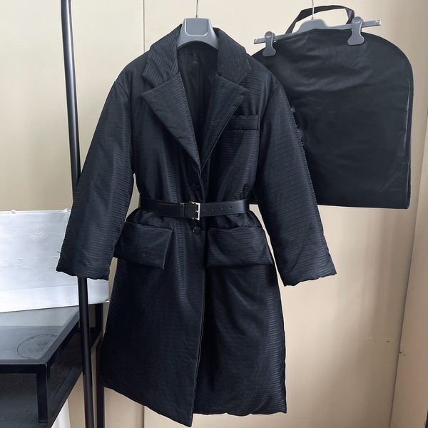 

woman long jacket cotton black outerwear fashion warm v-neck and belt down coat winter