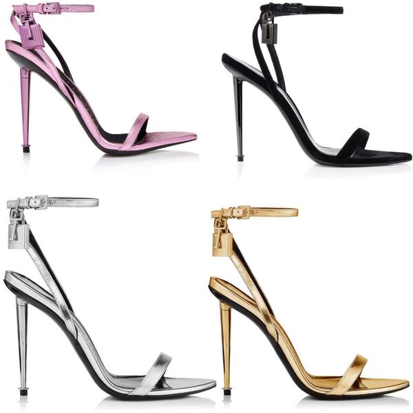 

luxury pop woman sandal padlock lock 105mm gold heels pointy toe ankle strap sliver golds sandals naked leathers heel sandals 35-44eu, Black