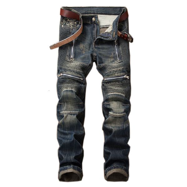 

mens jeans men distressed biker straight slim streetwear cotton male casual zipper motorcycle denim trousers plus size 42 221123, Blue