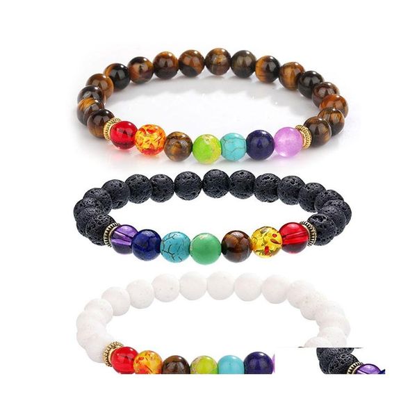 

beaded 8mm natural stone tiger eye strand bracelets for women men 7 chakra mala bead reiki healing meditation bracelet braided rope dhspl, Black