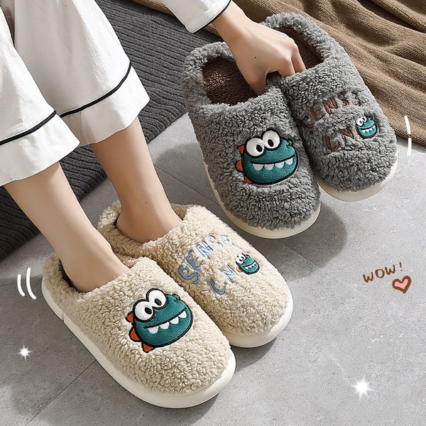 

slippers women men winter cotton home indoor lovely dinosaur warm thick bottom couple plush household nonslip slides 221123, Black