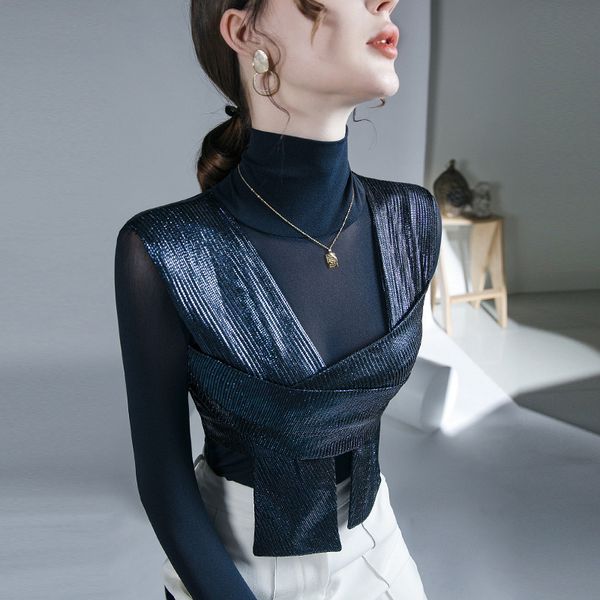 

women's tshirt women patched fashion mesh t shirts lady high stretch turtleneck tshirt woman autumn chic tee 221124, White