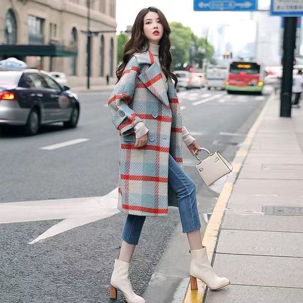 

women's wool blends woolen coat midlength loose overtheknee houndstooth autumn and winter fashion temperament small fragrance 221123, Black