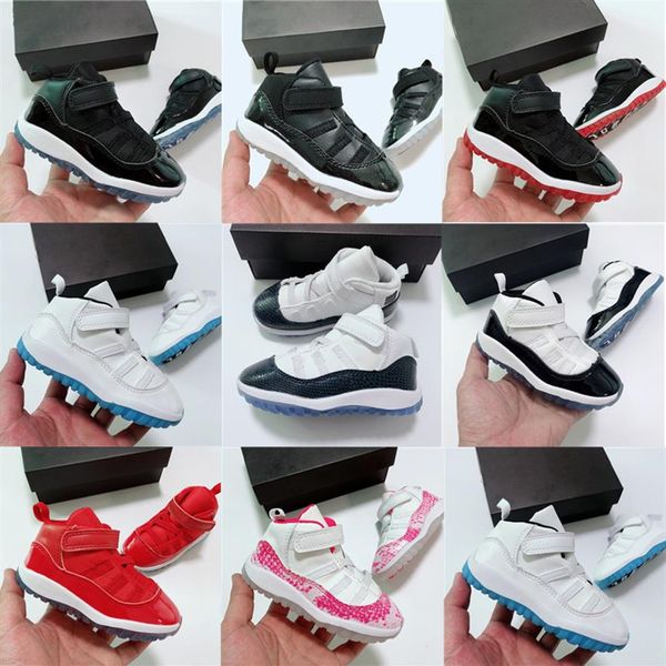 

11s kids basketball 72-10 jumpman sports shoes bred low white bred concord legend blue pantone ovo grey snake skin boys girl train2248, Black