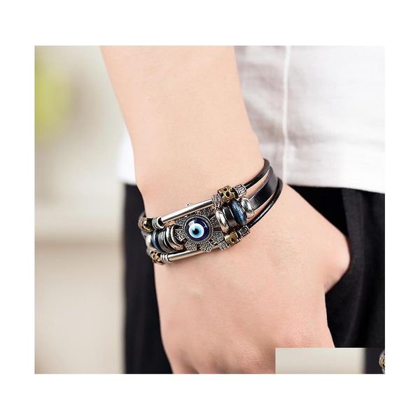

charm bracelets punk turkish evil eye stainless steel bend mtilayer leather bracelet man woman charm flower jewelry bangle bijouteri dhd6v, Golden;silver