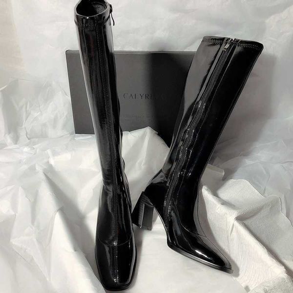 

boots 2022 new fashion black knee high women boots leather designer shoe slim women shoes rock square toe zip closure high boots j220923