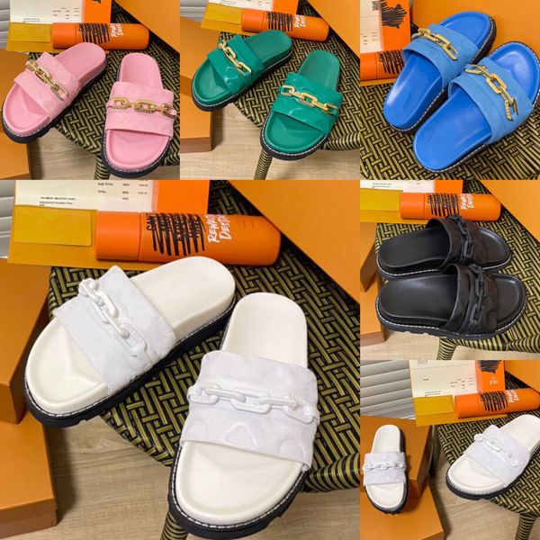 

new slipper chain flats men's and women's beach shoes casual outdoor leather candy color solid color home non-slip 35-40, Black