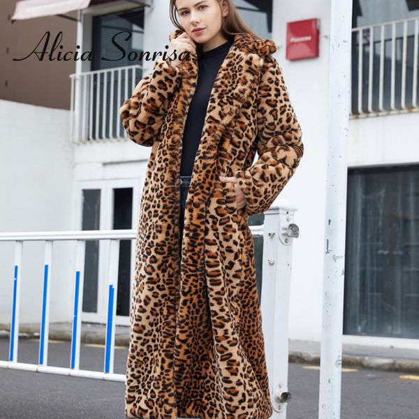 

women's fur faux winter leopard print rabbit tailored collar warm thick x-long coat long sleeve hipster jacket feminino 221123, Black