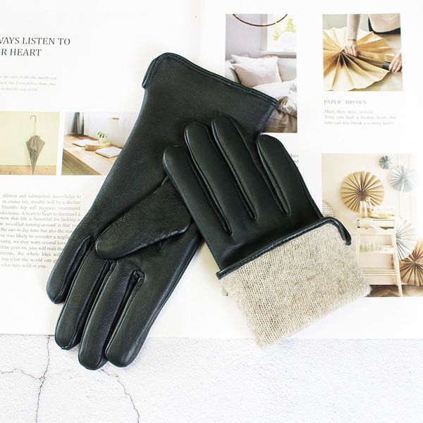

five fingers gloves leather sheepskin gloves women' autumn warm fleece lining color fashion thin outdoor activities electric bike ridi, Blue;gray