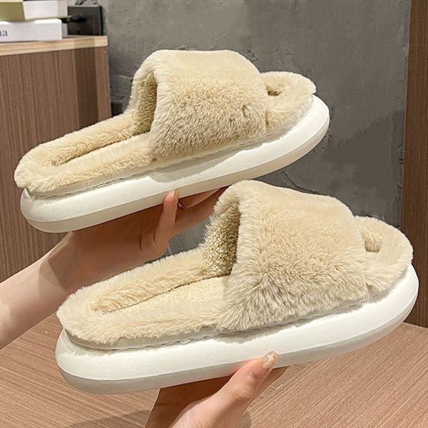 

slippers warm fluffy women winter house fur home slides flat fashion indoor flip flops shoes ladies 221123, Black