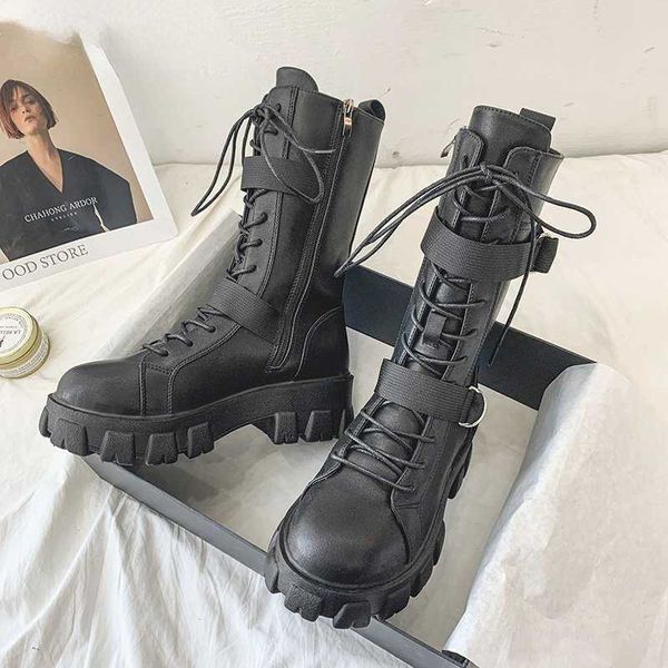 

boots women new lace up platform shoes leather british short ladies ankle fashion 220901, Black