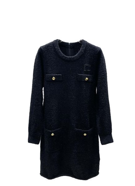 

autumn and winter latest series logo round neck knitted dress temperament slim lady feeling, Black